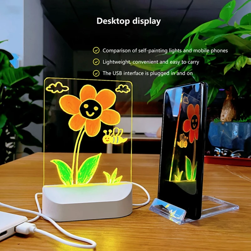 กระดานวาดภาพเรืองแสงสำหรับเด็กแบบ LED พร้อมไฟ USB ลบได้ ของเล่นสร้างสรรค์ DIY พร้อมปากกา 7 ด้าม ของขวัญใหม่
