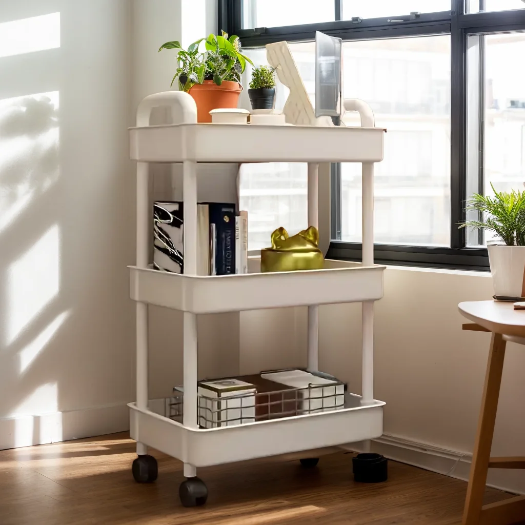 1pc 3/4-Tier Rolling Storage Cart, Plastic Multi-Functional Organizer Trolley, Slim, Space-Saving, Adjustable Shelves, with Easy