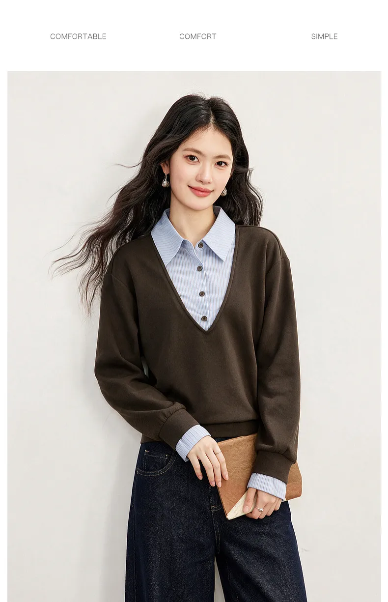 VIMLY Fake Two-piece Striped Collar Sweatshirt for Women 2026 Autumn Coffee Color Commute Casual Loose-fit Female Pullover A7577