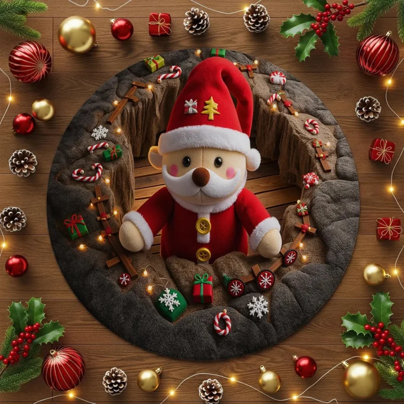 VIKAMA 3D Santa Claus Round Rug Tree Hole Vortex Circular Carpet Non Slip Soft Floor Mat for Living Room Bedroom Christmas