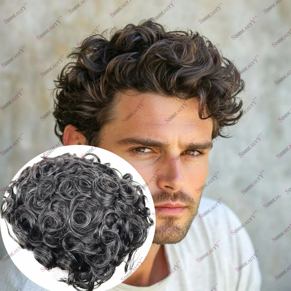

1b20 1b40 Черно-серые волосы Salt&Pepper Натуральная линия волос Вьющиеся человеческие волосы Парик для лысины Мужчины 26 мм Локоны Супер прочный парик для кожи