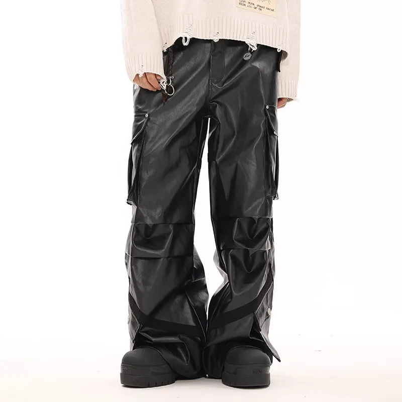 MWJLPWQ Pantalones cargo de cuero brillante con múltiples bolsillos de gama alta estilo americano pantalones casuales de pierna ancha sueltos funcionales de nicho 20226