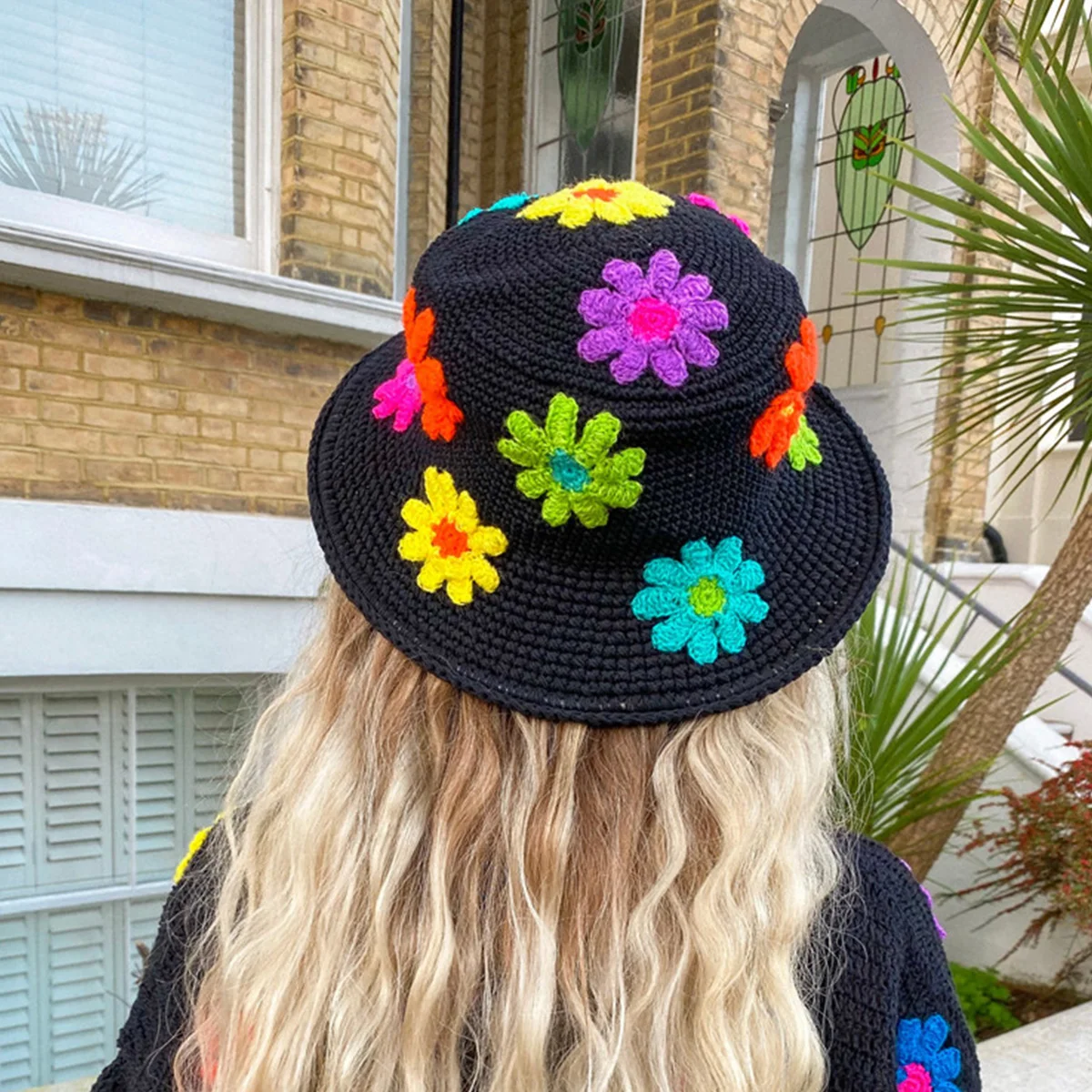 Woman Handmade Crochet Colorful Flower Bucket Hats Y2K Street Spring and Autumn Versatile Fashion Big Brim Retro Basin Cap