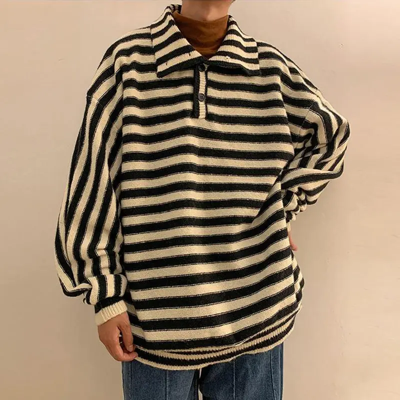 

Autumn Winter Men Polo Collar Sweater Korean Fashion Handsome Casual Striped Sweater Male Thick Warm Knit Pullover Sweater