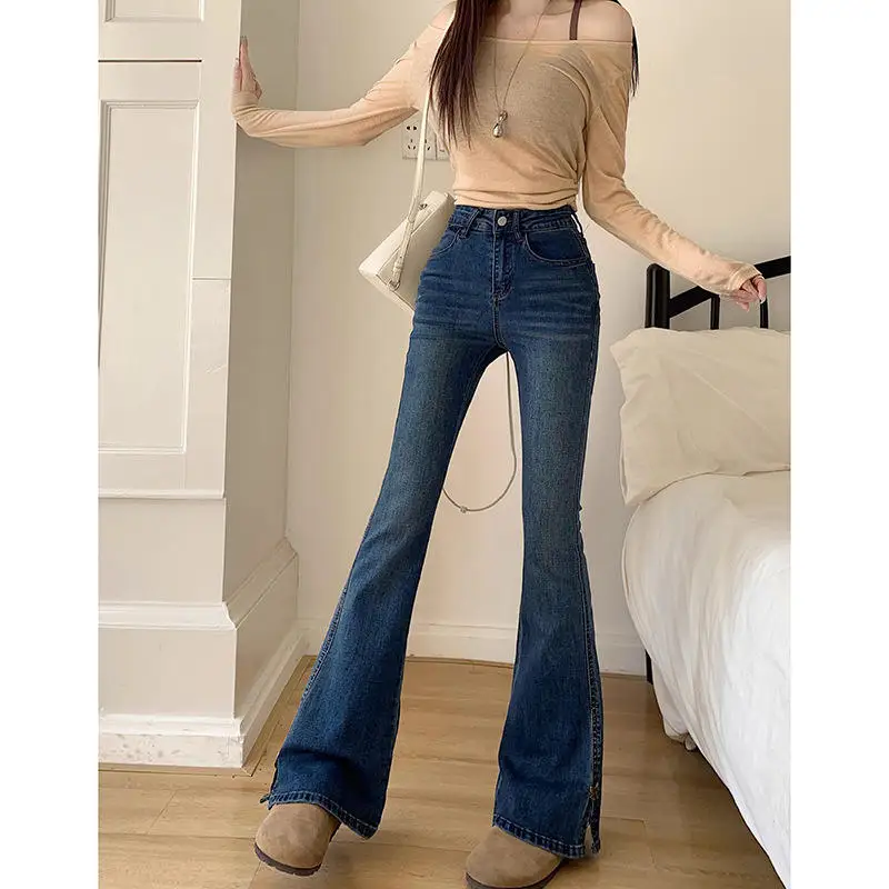 

Джинсы-клеш с высокой талией для женщин, весна-осень, новые, эластичные, стройнящие, с разрезом, модные, летние