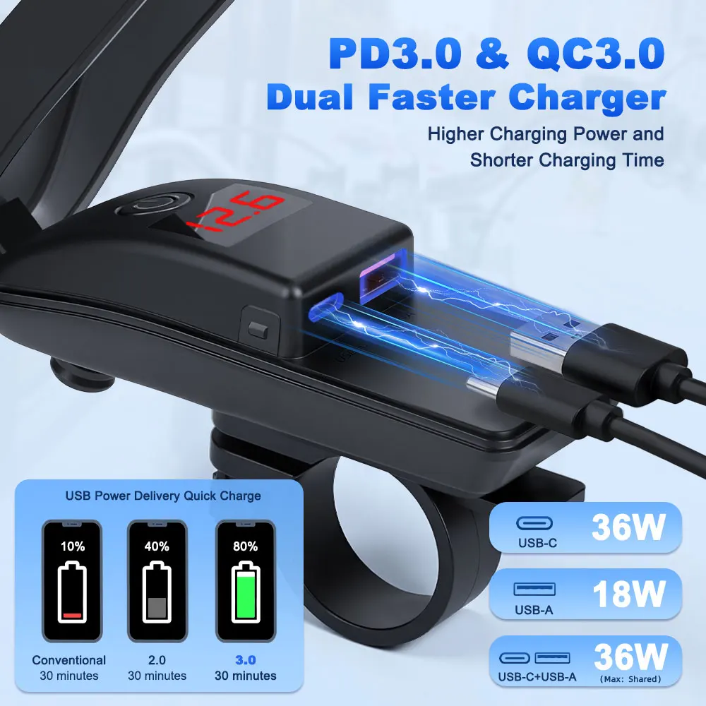 36W Handlebar Motorcycle USB Fast Charger with Switch Voltmeter USB Type C Charger Adapter For Phone Mobile GPS