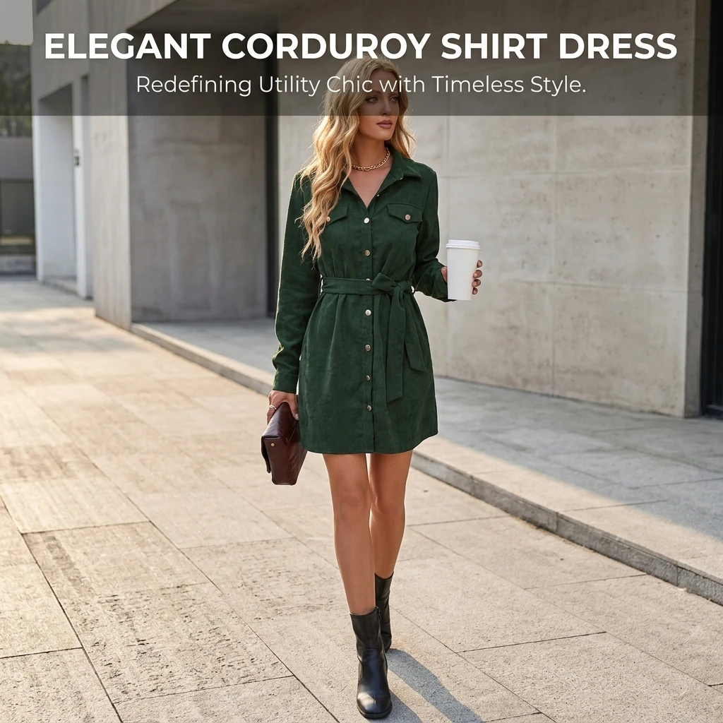 Corduroy Shirt Dress Women Long Sleeve Belted Utility Mini Dress with Flap Pockets Elegant Button Down Short Dress