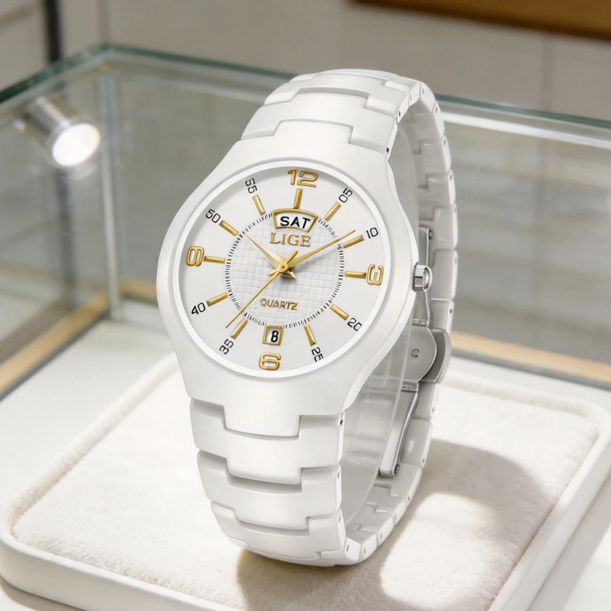 

LIGE Ceramic Men Watches Calendar Waterproof Women Wristwatches Diamond Simple Dress Watch Week Display Date Quartz Wristwatch