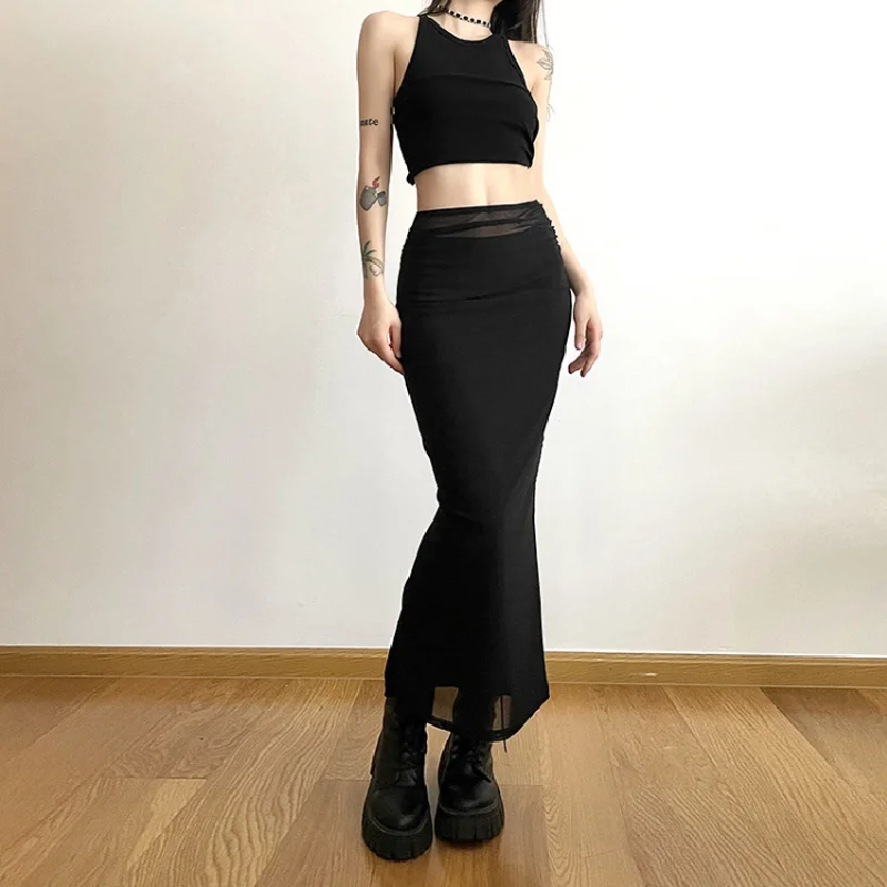 กระโปรงทรงตรงเอวสูงสไตล์เรโทรฮ่องกง ผ้าพีวีซี ตัดเย็บแบบสลิม ช่วยพรางหุ่น เหมาะสำหรับใส่เดินเล่น