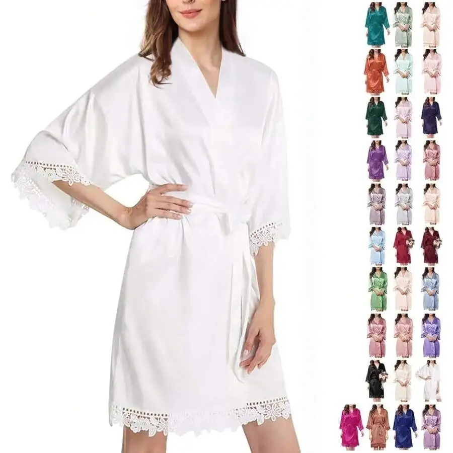

Women Satin Robe With Lace Trim Kimono Bathrobe Sleepwear For Wedding Bridal Bridesmaid