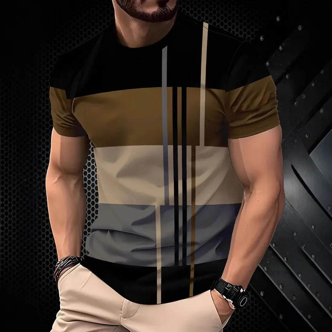 New 3D Stripe Printed T-shirt Micro Elastic Breathable Short Sleeve Outdoor Sports Speed Drying Large Size Top Men's Fashion