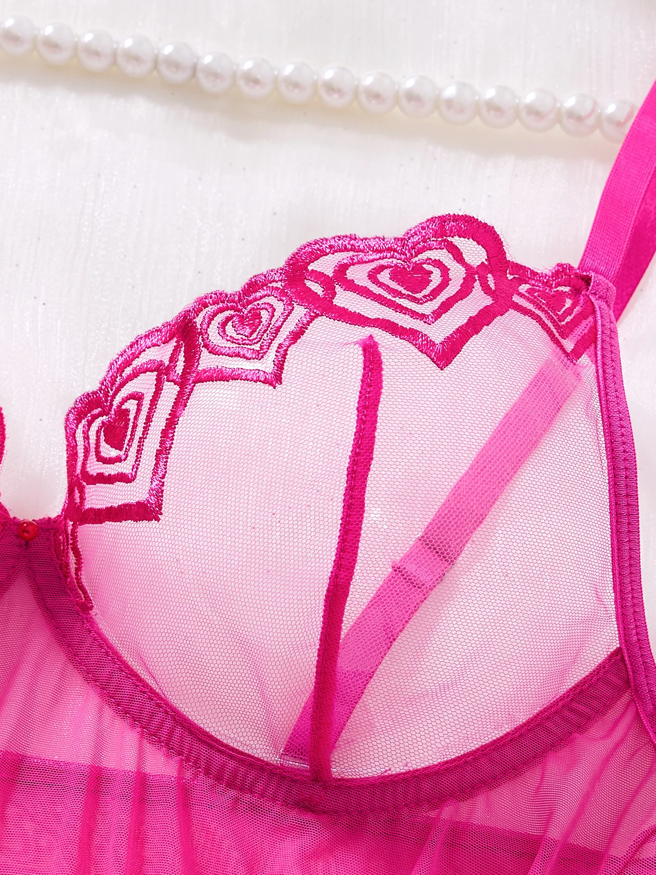 Ladies Hot Pink Sheer Mesh Babydoll Nightgown Floral Lace Embroidery Chemise Lingerie Set With Matching Panty ZA825181 image 4