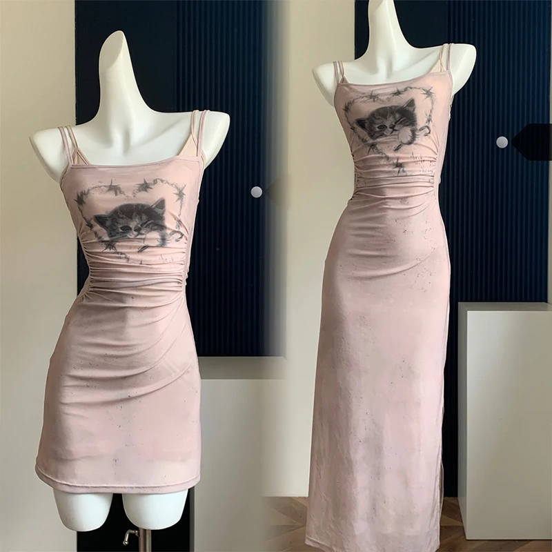 

Spice Girl And Cat New Chinese Fashion Chic Dress Female Summer Break Two Pure Desire Tulle Y2k Long Dresses Slip Dress 2024 New