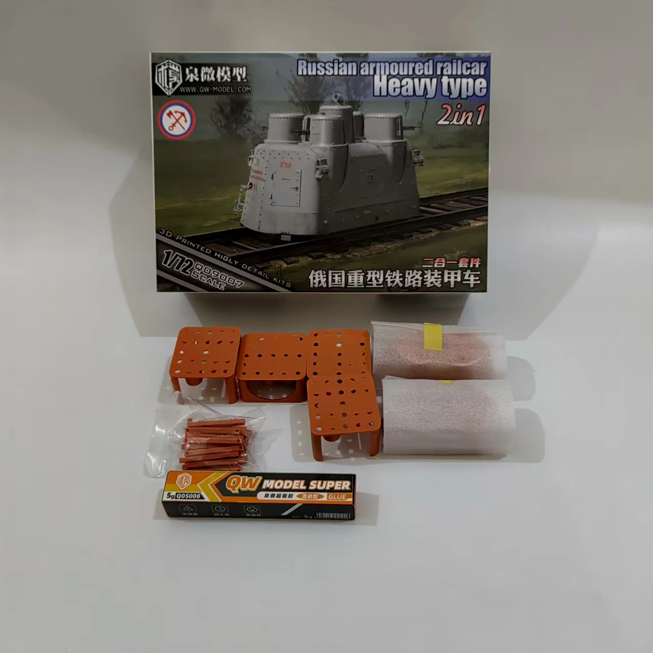 QW Q09007 1/72 schaal Russische gepantserde treinwagon zwaar type (2 in1) montageplastic modelbouwset