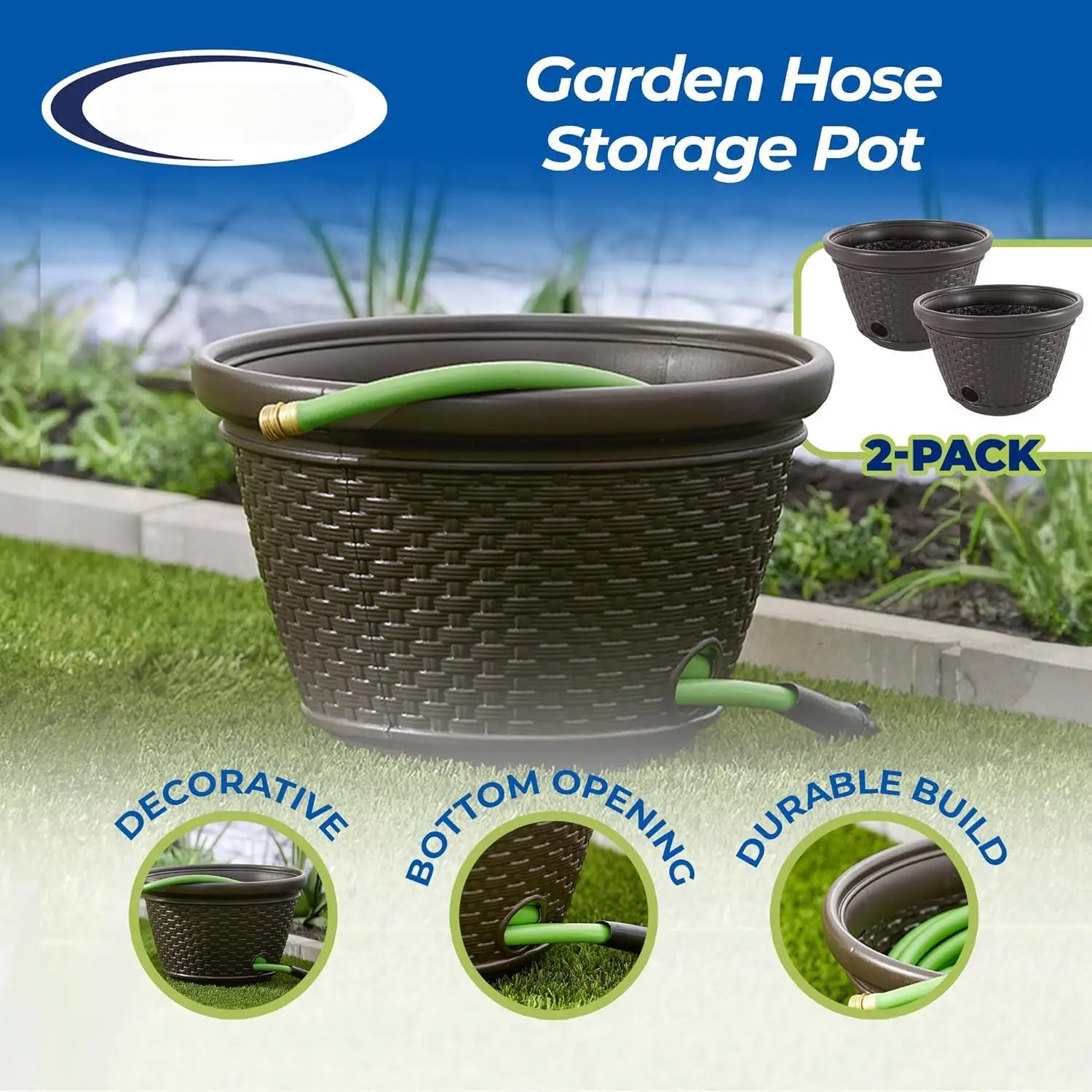 2 heavy-duty plastic wicker decorated garden water storage tanks with drainage holes, suitable for 100 foot long water pipes