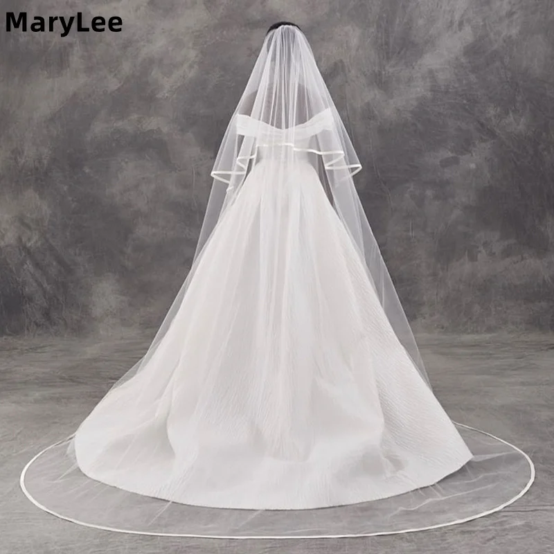 

Двухъярусная фата из тюля длиной часовни с атласной отделкой, фата белого цвета слоновой кости, свадебная фата для невесты, свадебные аксессуары