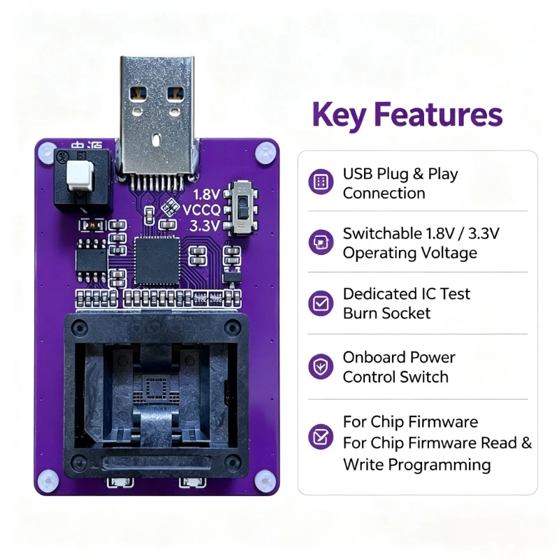 BGA153 EMMC Programming Socket USB3.0 High Speed GL3224E HS400 1.8V 3.3V Adjustable Voltage Chip Image Burn Test Tool
