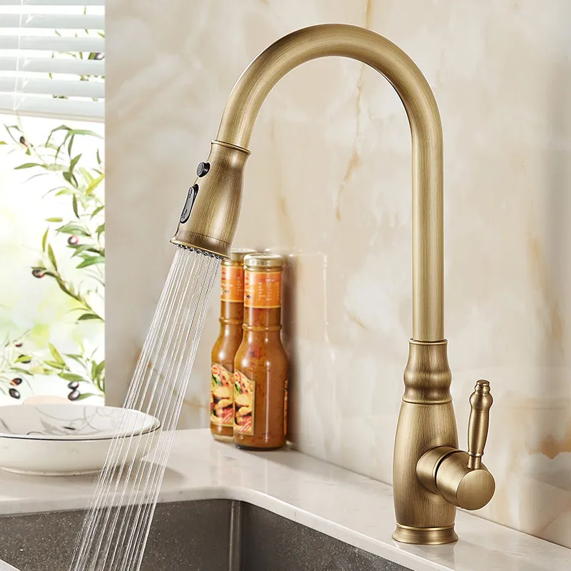 

Бытовой кухонный латунный старинный смеситель, телескопическая вращающаяся брызгозащищенная раковина, одно отверстие для горячих и холодных овощей