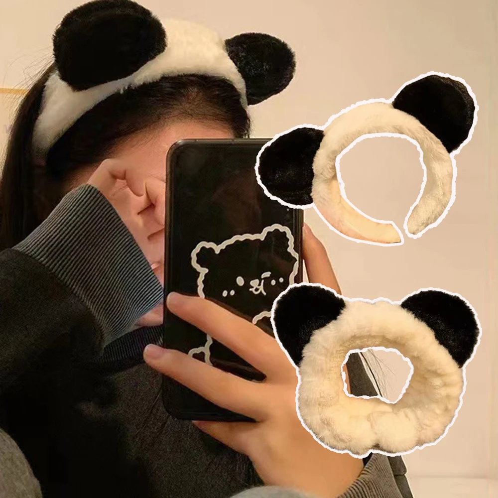 Korean Cute Fluffy Plush Panda Headband For Women Girls Autumn And Winter Wash Face Plush Headband Hair Accessories Gifts