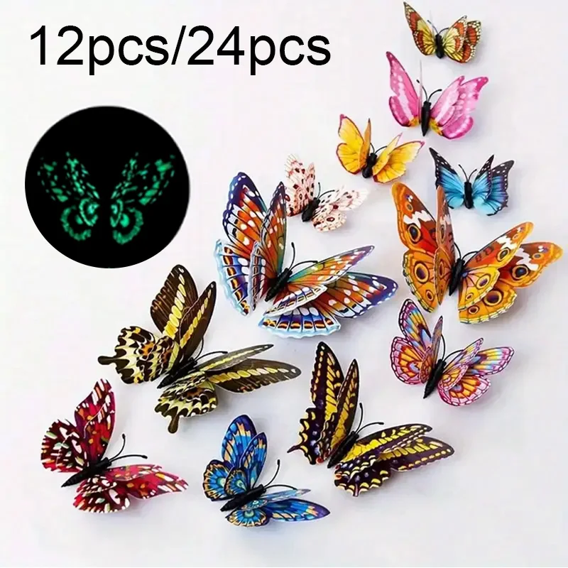 12Pcs/24Pcs Random Color Double-Layer Luminous Butterflies, Plastic Decorative Art - Colorful Wall Art Butterfly Decor, Suitable for DIY Refrigerator, Mailbox, Room, Car, Holiday Decoration, Girl's Bedroom Decoration, Gift