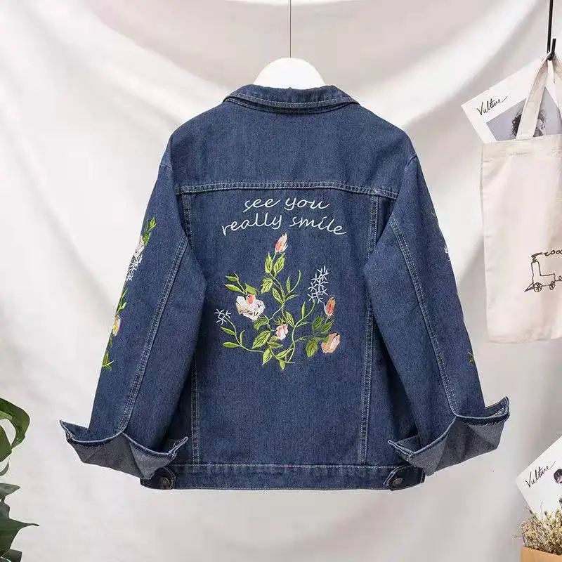 Fdfklak Plus Size Women Fashion Embroidered Denim Jacket Women Spring Autumn S-5XL Loose Casual Jacket Clothes Chaqueta Mujer EF