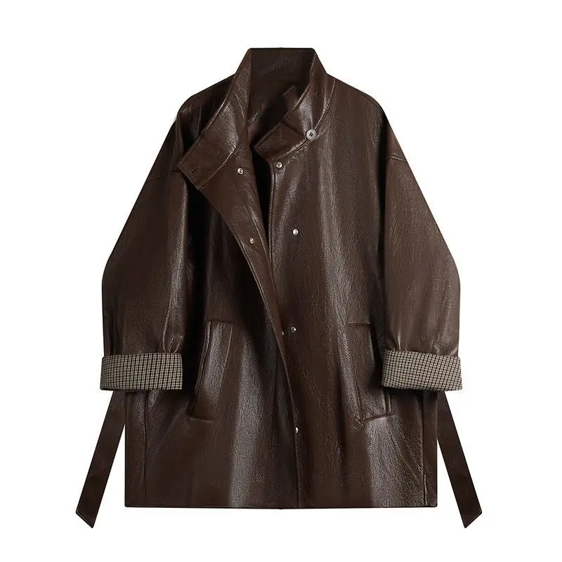 النمط الأمريكي بو الجلود سترة الكورية نمط التخسيس صف واحد المخفية زر تصميم ربيع الخريف القهوة معطف جلد ملون