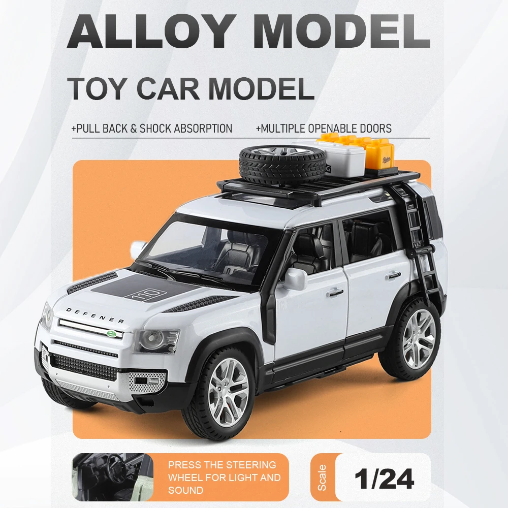 

1:24 Defender 110 Range Rover Off-road Car Toy Models Metal Diecast Doors Opened Sound Light Shock Absorption Table Ornaments