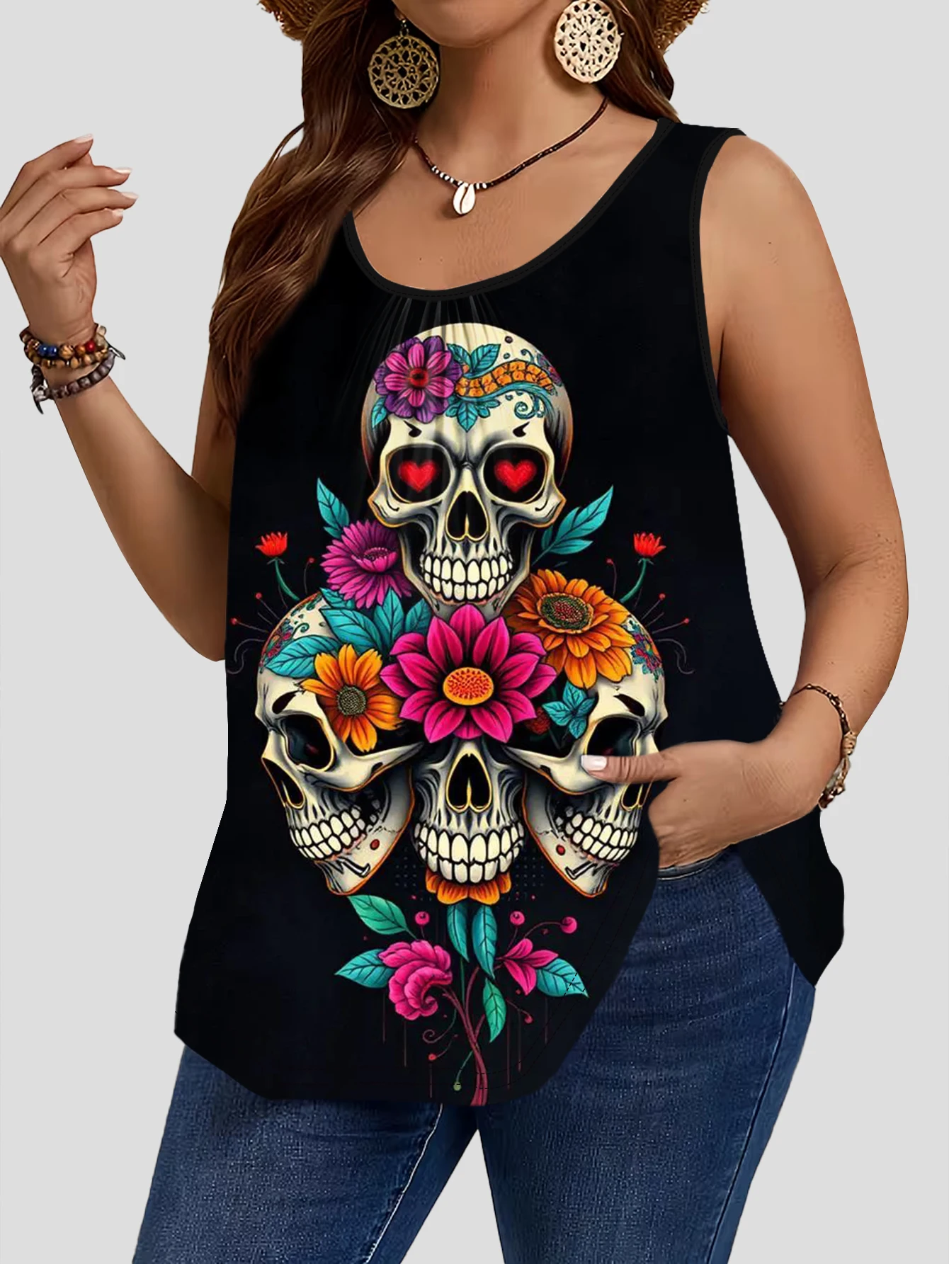 3-Piece Set of Plus-Size Women's Vests with Mexican Day of the Dead Rose Floral Sugar Skull and Virgin Mary Print, Loose Sleeveless Tops 5