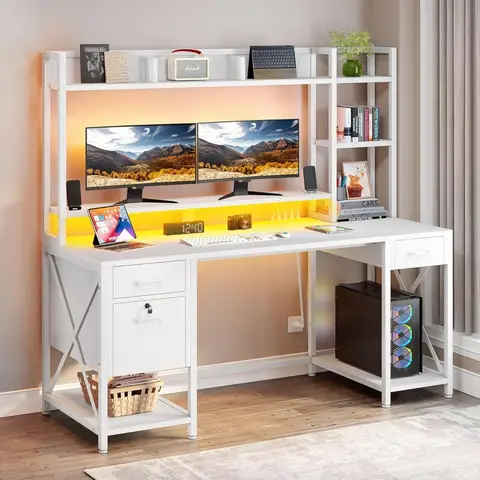 Computer Desk with Drawers & Hutch, 59.1" Office Desk with Power Outlets & LED Lights, Home Office Desk with, Customized