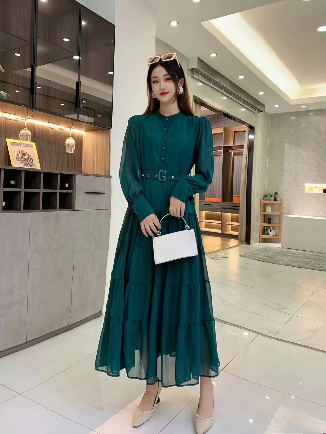 2024 New Spring Autumn Women Long Sleeve Belt Slim Long Dress High Quality Elegant Patchwork Big Hem Solid Color Chiffon Dress