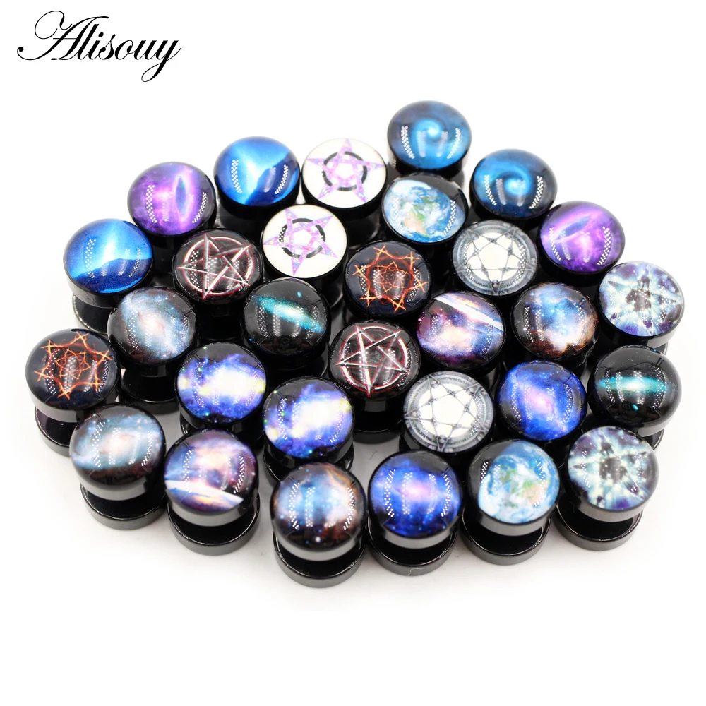 Alisouy 2PC Stainless Steel Rock Black Stud Earrings Men Cross Star Screw Cone Sky Tattoo Piercing Studs Piercing Earring