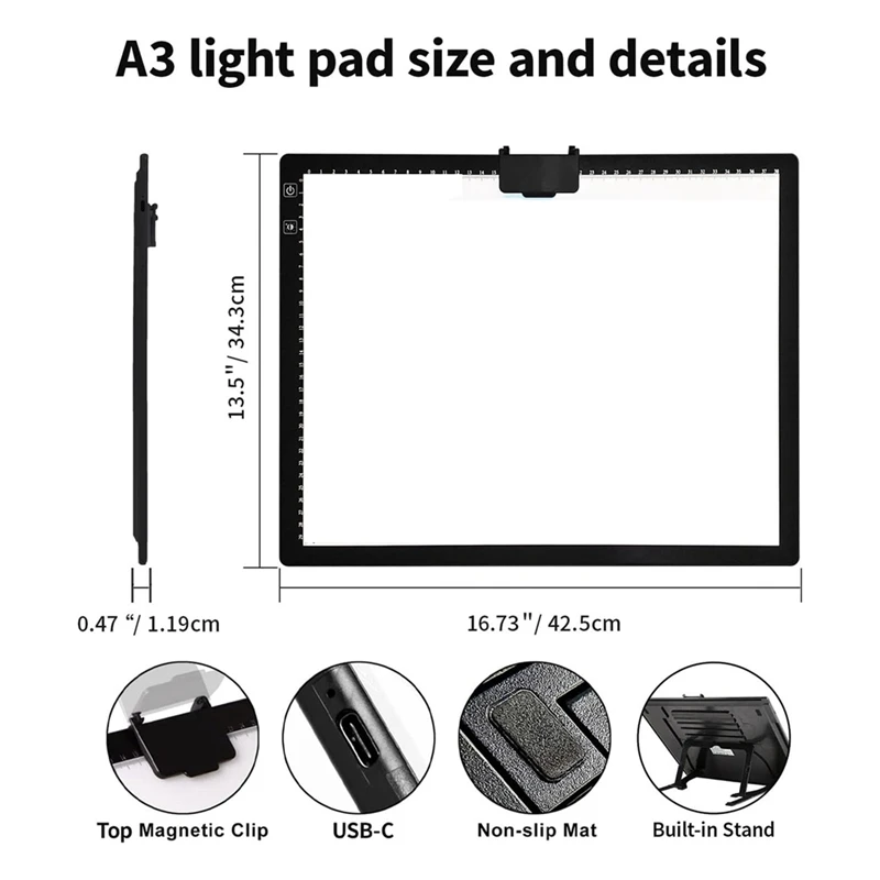 Almohadilla de luz A3 recargable para pintura de diamantes, caja de luz de rastreo con soporte y Clip,3 colores regulables sin escalonamiento