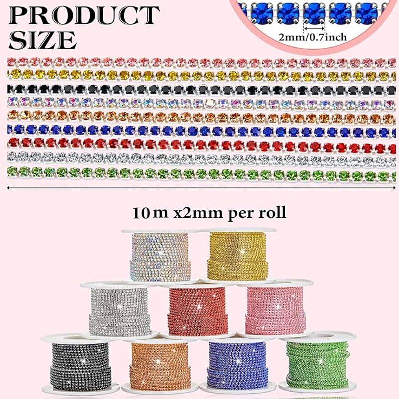 1Meter Sewing Crystal Rhinestone Chain SS6-SS12 Multiple Colour Silver Base Glue-On Rhinestone Trim Chain DIY Craft Accessories