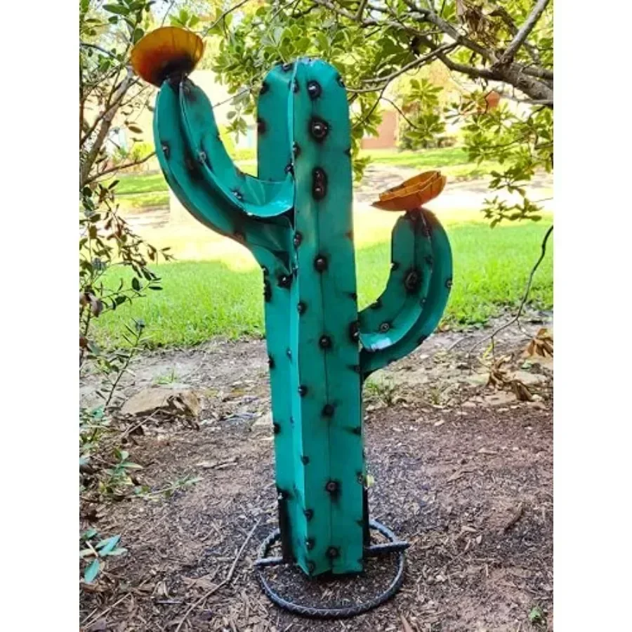27 Rusty Metal Yard Art: Saguaro Cactus Sculpture with Flower, Turquoise Outdoor Decor for Garden and Patio