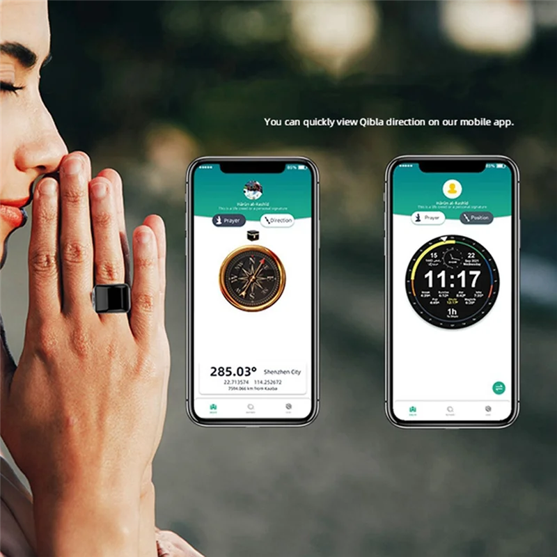 A45U Zinc Alloy Smart Ring With Charging Box Waterproof Digital Counter APP Controlled Display 5 Prayer Time Reminders Gold,22Mm