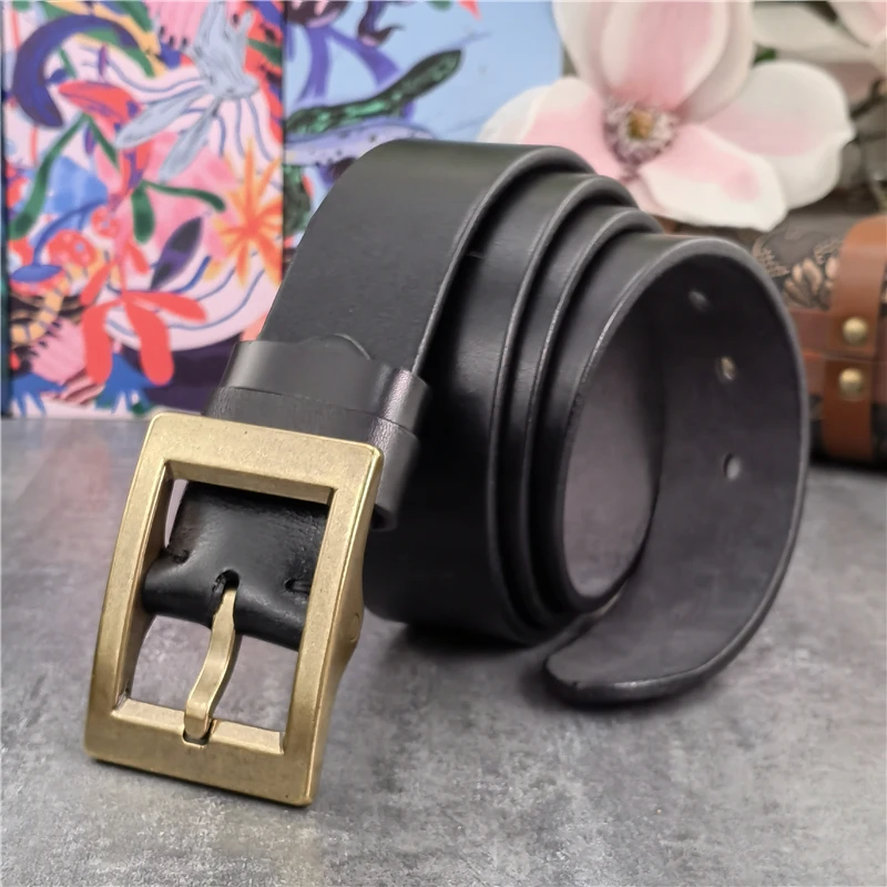 Vintage Heavy Solid Brass Belt Buckle Genuine Leather Belt Men Luxury Ceinture Leather Belt For Men Waist Male Belt Wide MBT0613