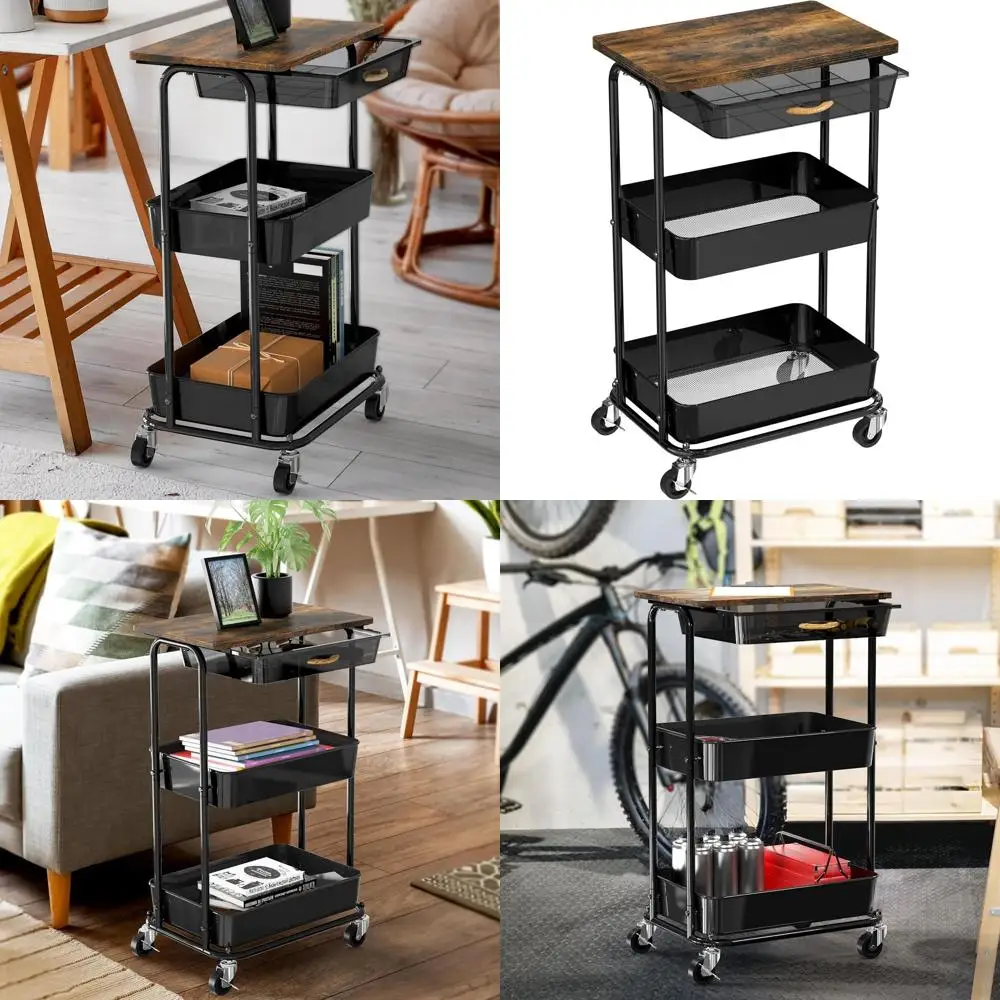 

Трехуровневая передвижная тележка с металлической и деревянной столешницей - портативный приставной столик, прикроватная тумбочка, органайзер для хранения для дома, офиса, творчества