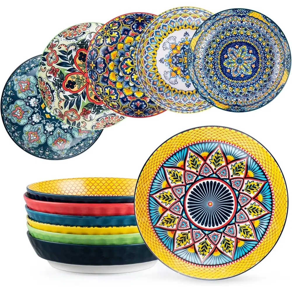 

Pasta Salad Bowls Set of 6, Wide and Shallow Serving Bowls for Kitchen 32 Oz - 8 Inch Porcelain Soup Bowl, Pasta Plates Dishwash