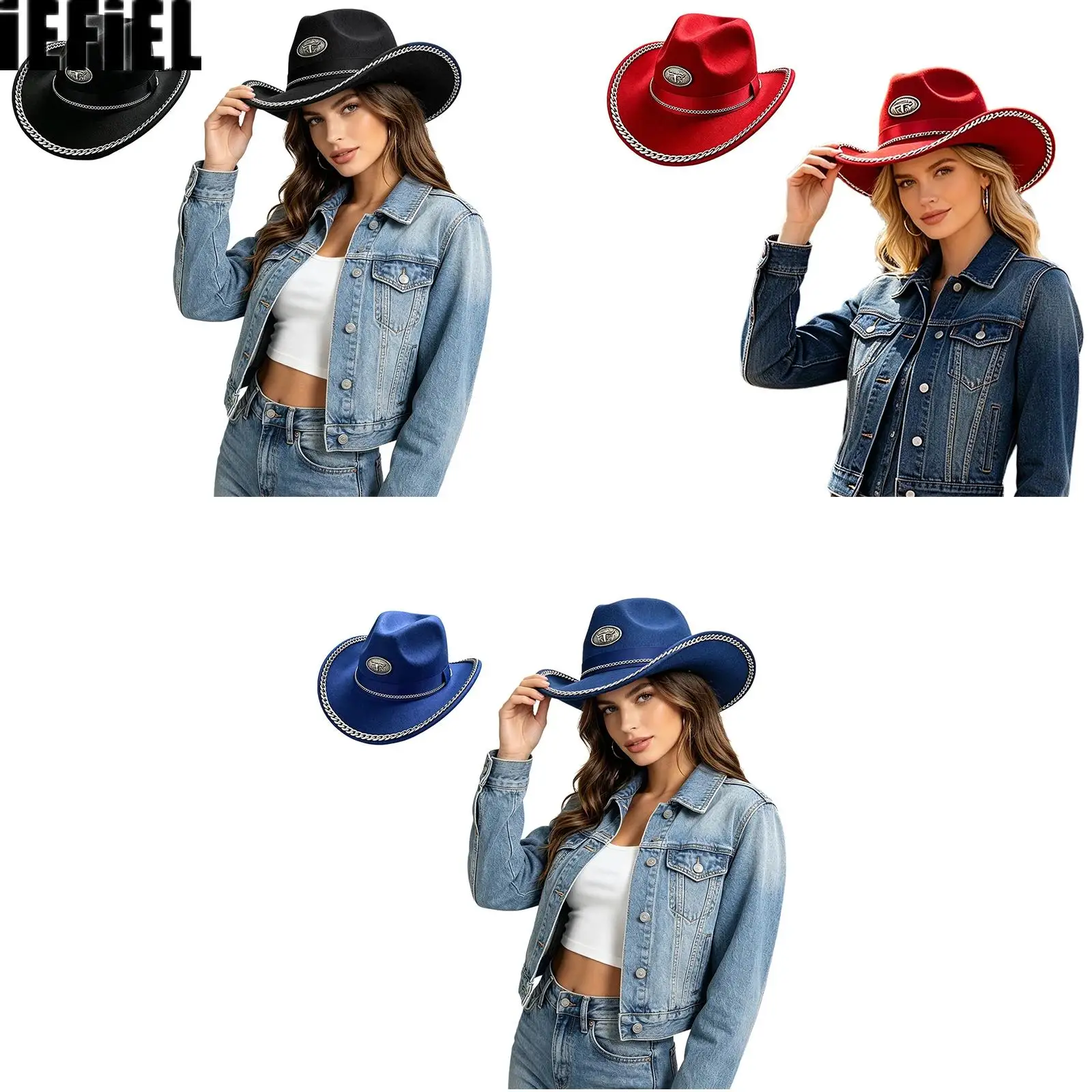 Unisex Women Men Western Cowboy Cowgirl Hat with Chain Decor Vintage Jazz Hat Cosplay Accessories for Halloween Party