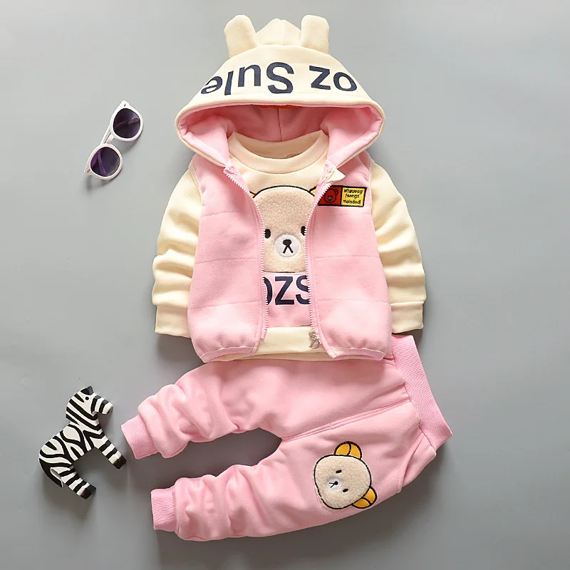 New Baby Padded Warm 3 Piece Girls Cute Cartoon Hooded Sets Autumn Boys Fashion Casual Comfortable Suit 12M-5 Years Old