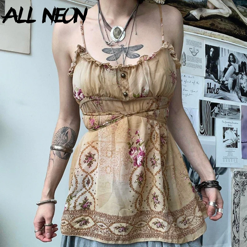 ALLNeon Fairy Grunge Top con cinturino per spaghetti Moda vintage Stampa floreale Canotta con lacci Canotta estiva da donna Sling Canotta Beachwear