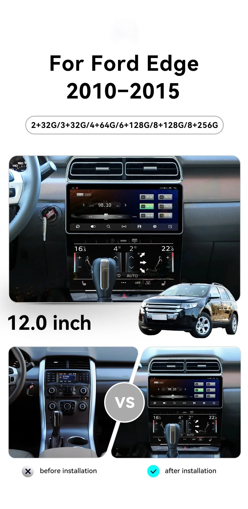 

12-дюймовый автомобильный радиоприемник Android 14.0 для Ford Edge 2010-2015 Auto Carplay, автомобильный радиоприемник, GPS-навигация, мультимедиа, 10 дюймов, панель переменного тока, головное устройство