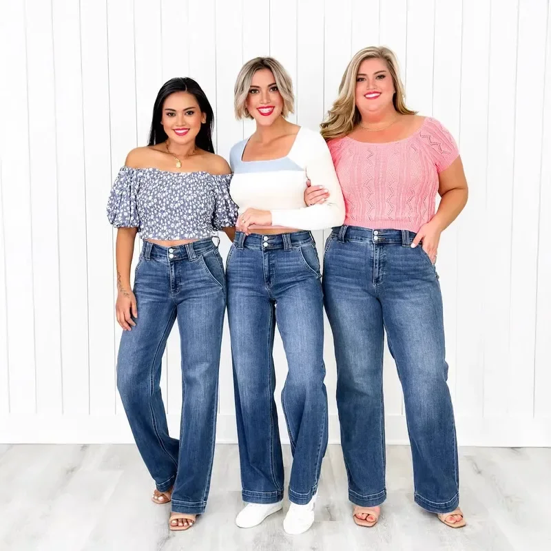 

Джинсовые прямые брюки, женские винтажные джинсы с высокой талией, средней эластичности и карманами, потертые потертые женские брюки 2025 года, уличная одежда