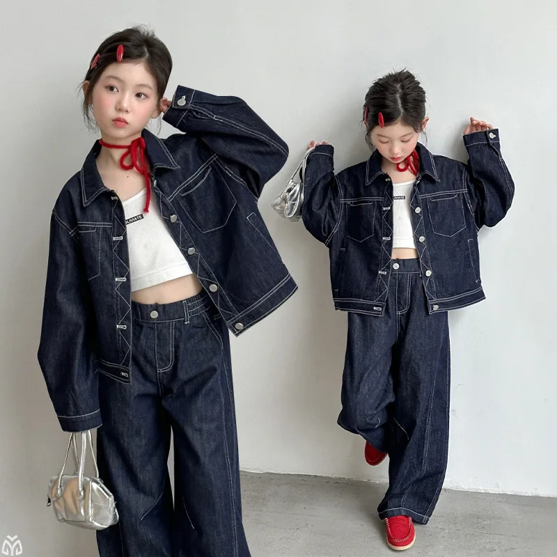Girls Korean Style Denim Jacket Set 2026 Fall Kids Wide Leg Trousers Casual Fashion Two Piece Outfits Teenagers Childen Trendy
