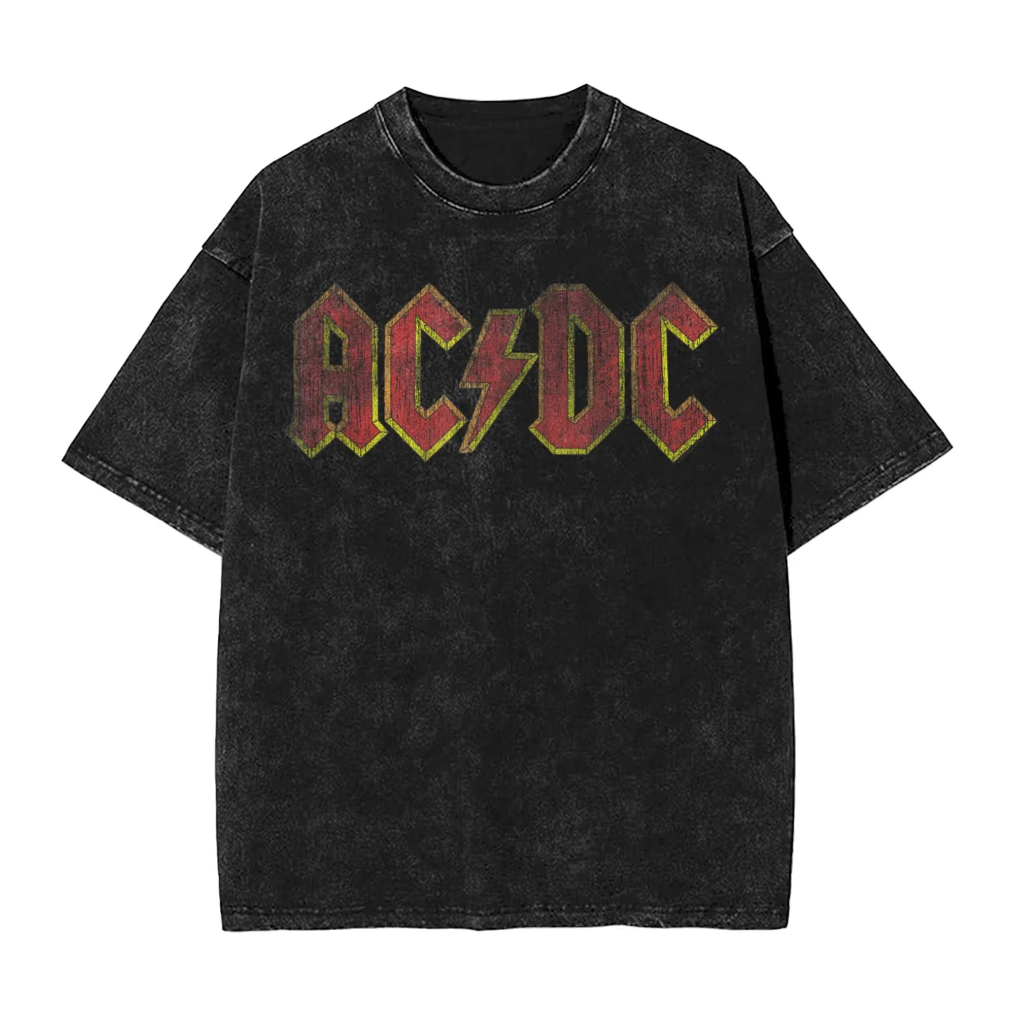 

Washed T Shirt AC-DC Distressed Red Logo Rock Music Band Hip Hop Vintage T-Shirts Oversize Streetwear Tops Tees Men Women