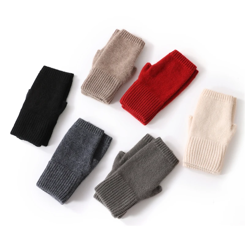 autumn-winter-high-end-100-pure-cashmere-thickened-gloves-half-cut-one-piece-mittens-warm-anti-freeze-elastic-plaid