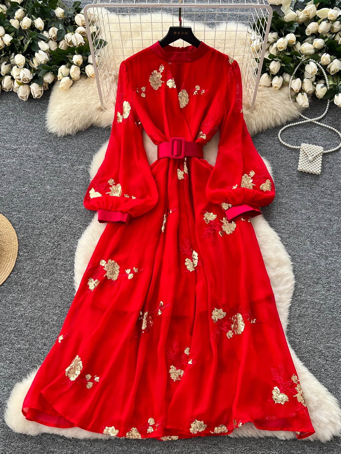 

Frence Robe Femmes Chiffon Maxi Dress Ladies Lantern Sleeves With Belt Chic High Street Fashion Embroidery Sequin Tunics Dresses