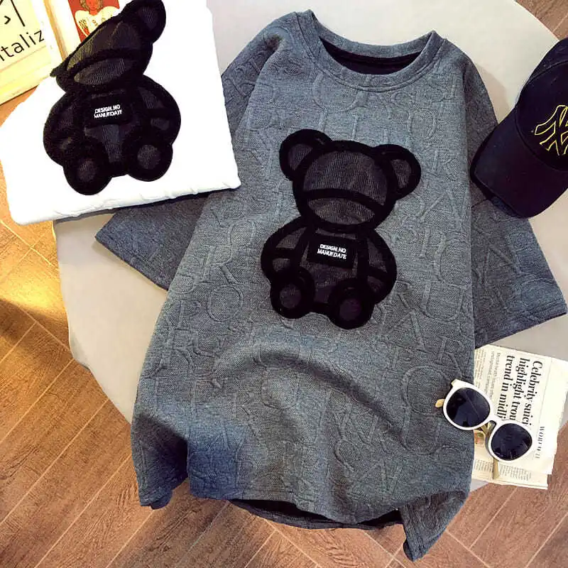 Women T Shirt Summer 2022 Korean Fashion Loose 100% Cotton TShirt Bear Print Letter Jacquard Designer Top Girls Student Clothes