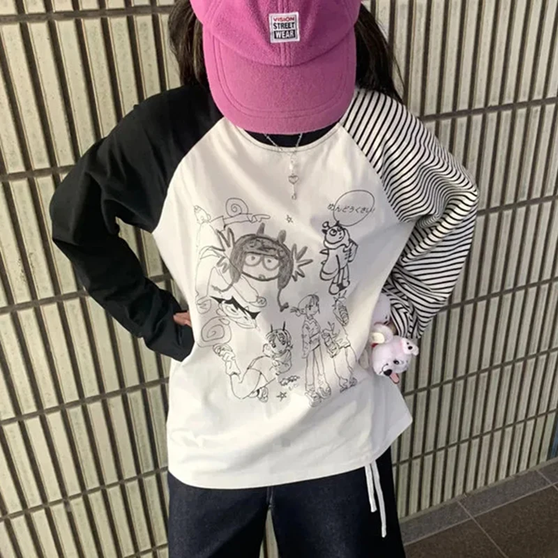 일본 애니메이션 서브컬쳐 티셔츠 여성용 O넥 긴팔 패치워크 티셔츠 하라주쿠 Y2K 스트릿 루즈핏 만화 캐주얼 탑