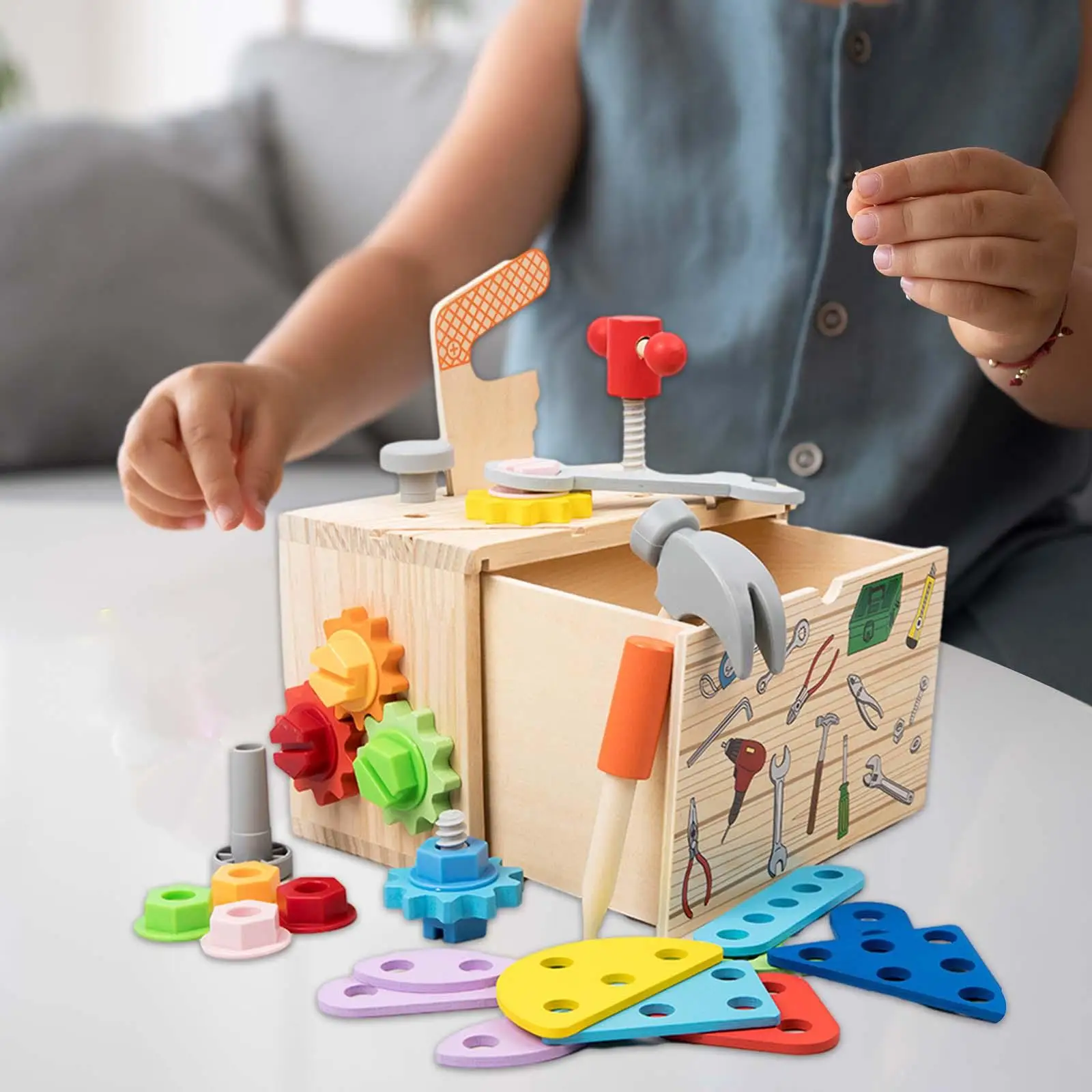 Wooden Toolbox Toy Fine Motor Skill Children Repair Play Tool Set for Toddlers Birthday Festivals Girls Boy 2 3 4 5 Years Old